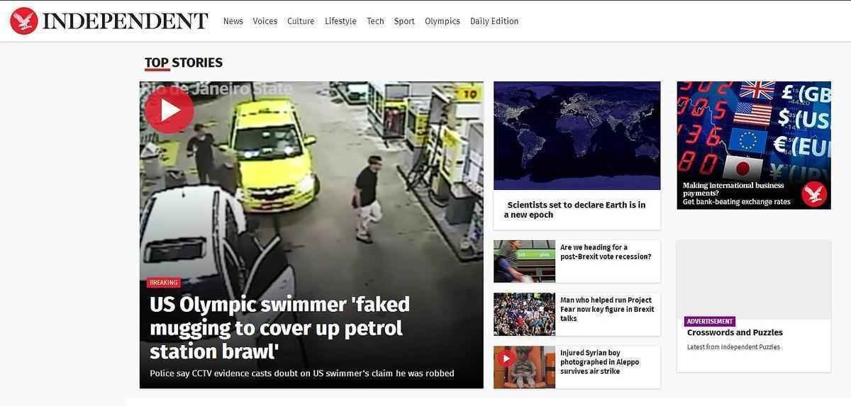 Independent, Inglaterra: 'Nadador olmpico dos EUA inventou assalto para encobrir a confuso em posto de gasolina'