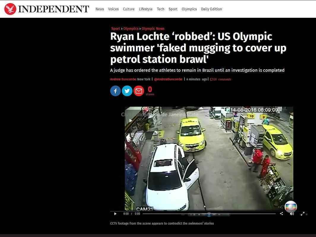Independent, Inglaterra: 'Nadador olmpico dos EUA inventou assalto para encobrir a confuso em posto de gasolina'