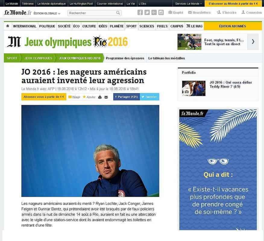 Le Monde, Frana: 'Nadadores americanos inventaram agresso'