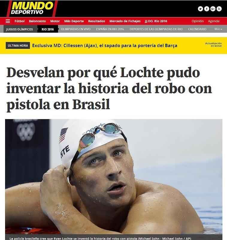 Mundo Deportivo, Espanha: 'Revelam porque Lochte pde inventar a histria do roubo com pistola no Brasil'