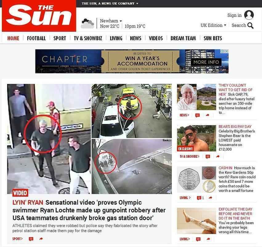 The Sun, Inglaterra: 'Ryan Lochte no foi roubado e quebrou posto de gasolina'