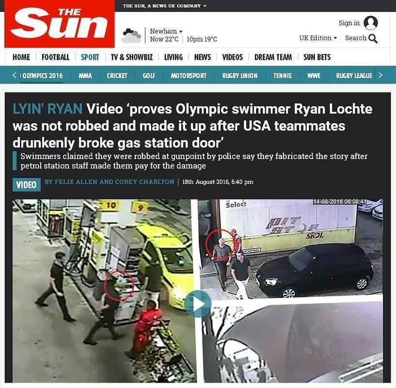 The Sun, Inglaterra: 'Ryan Lochte no foi roubado e quebrou posto de gasolina'