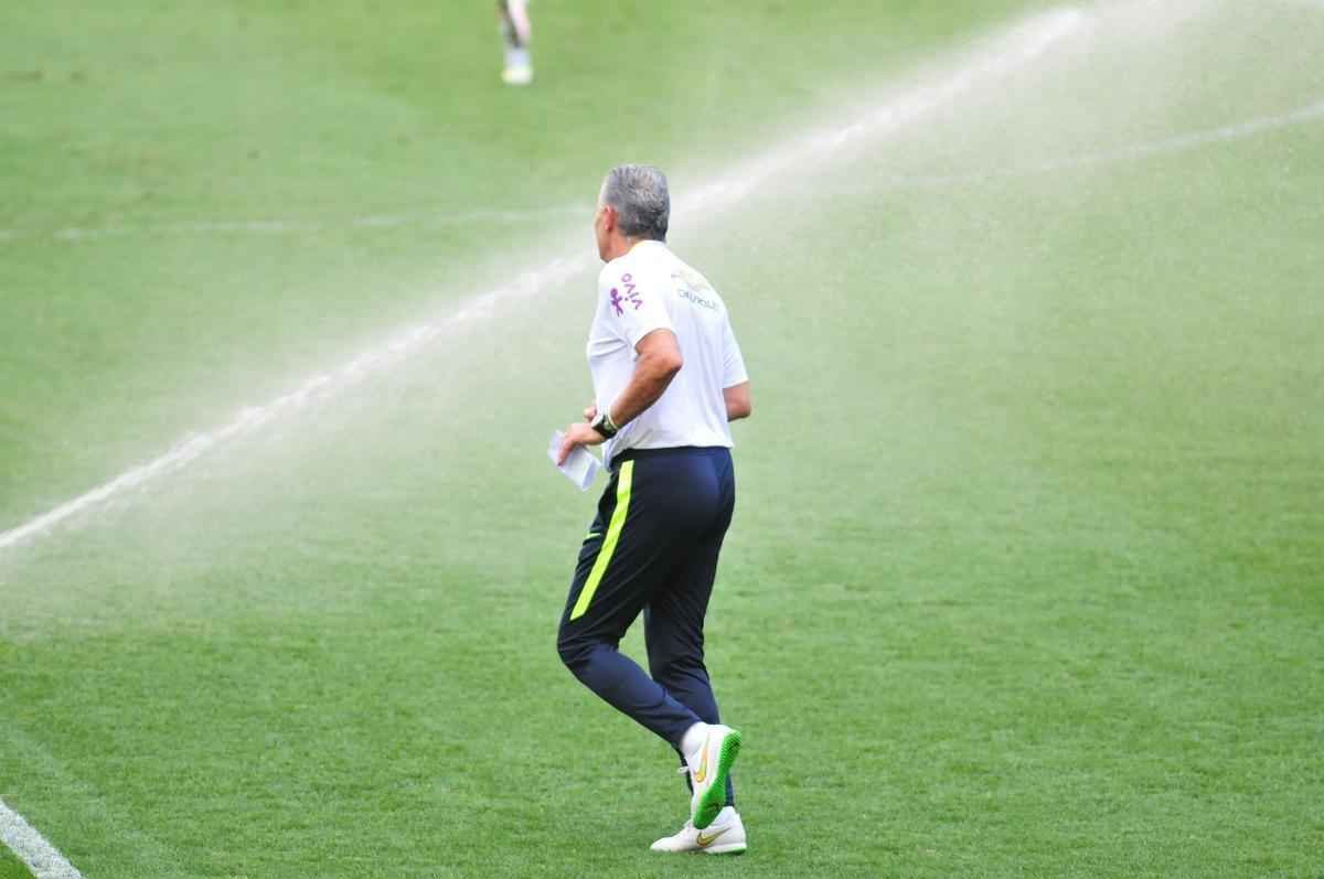 Seleo Brasileira fez, nesta tera  tarde, o seu primeiro treino no Mineiro, em Belo Horizonte, onde enfrentar a Argentina, na quinta, pelas Eliminatrias da Copa. O craque Neymar, do Barcelona, juntou-se ao grupo e trabalhou normalmente no gramado.