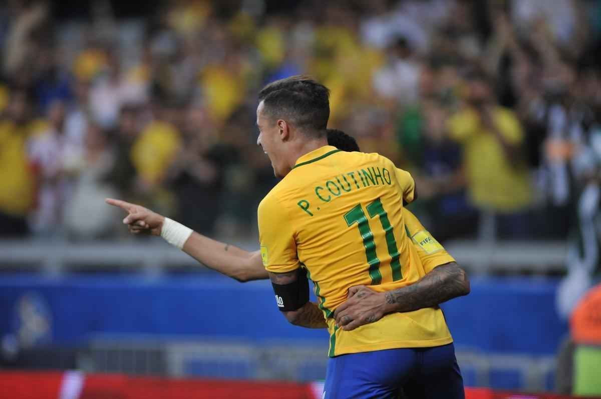 Neymar comemora seu gol no clssico diante da Argentina