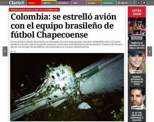 Clarín (Argentina) - Colômbia: cai avião com a equipe brasileira de futebol Chapecoense