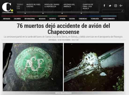 El Colombiano (Colômbia) - Acidente com avião da Chapecoense deixou 76 mortos