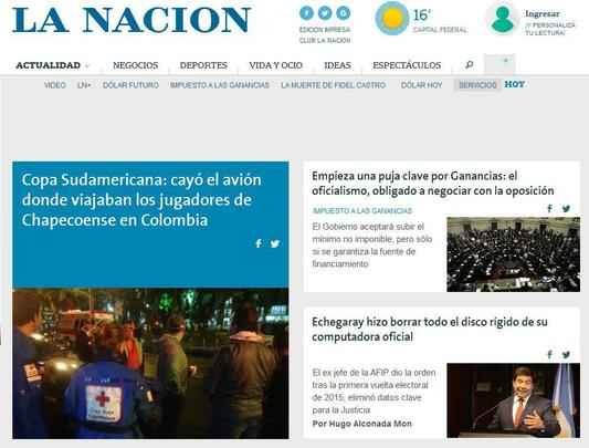 La Nacion (Argentina) - Copa Sulamericana: cai avião onde viajavam jogadores da Chapeconse, na Colômbia
