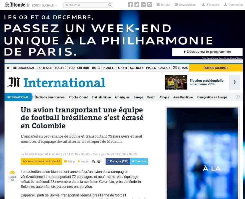 Le Monde (Frana) - Avio transportando equipe de futebol brasileira cai na Colmbia