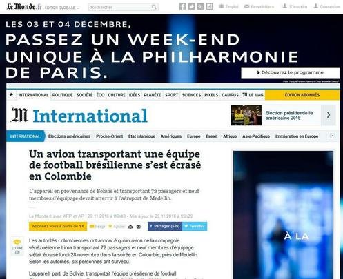 Le Monde (França) - Avião transportando equipe de futebol brasileira cai na Colômbia