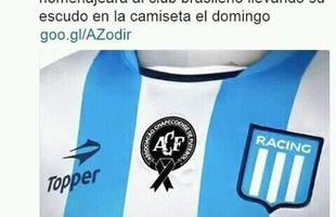 Racing Club, da Argentina, anunciou no Twitter que usar uma camisa com o escudo da Chape estampado em seu prximo jogo 