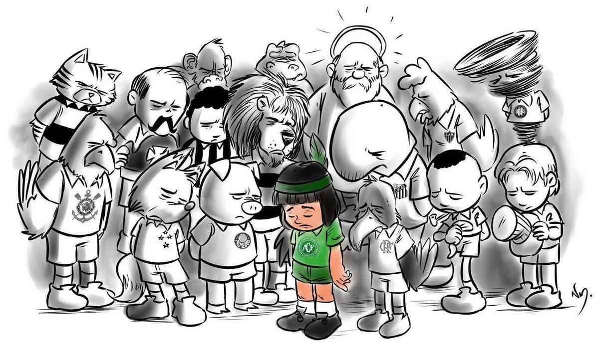 Em outra charge, mascotes de todos os times da Srie A lamentam a tragdia ao lado do ndio Cond