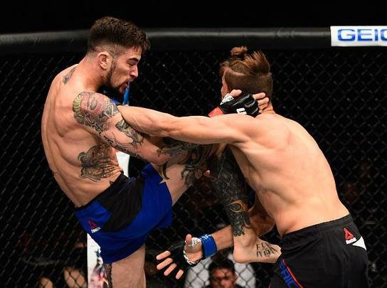 Niko Price (luvas azuis) venceu Brandon Thatch por finalização aos 4m30s do primeiro round