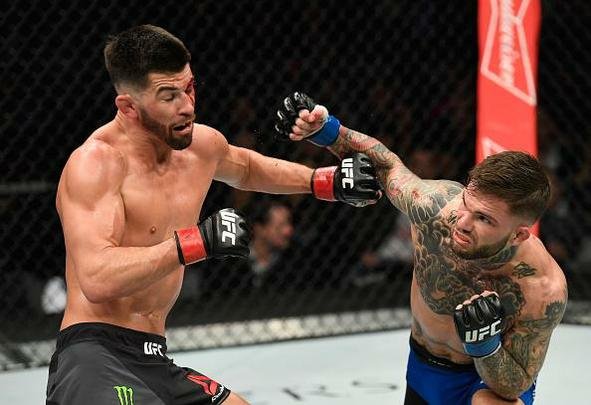 Cody Garbrandt (luvas azuis) venceu Dominick Cruz por decisão unânime e conquistou o cinturão dos galos