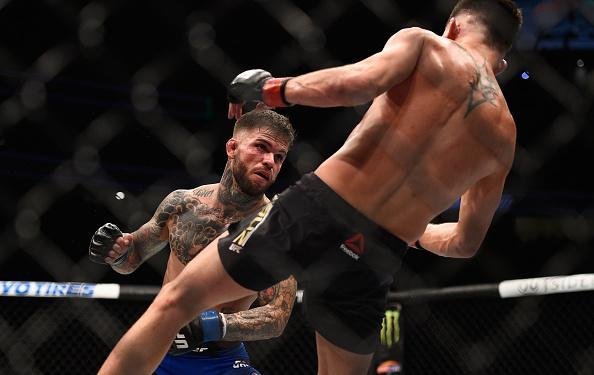 Cody Garbrandt (luvas azuis) venceu Dominick Cruz por decisão unânime e conquistou o cinturão dos galos