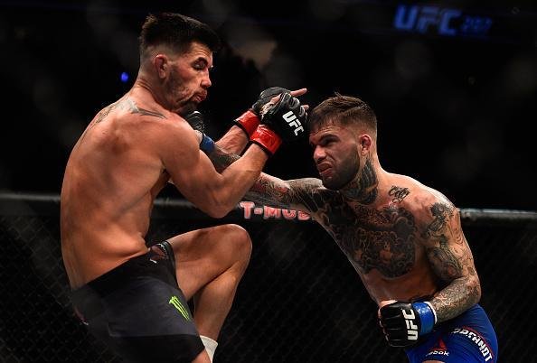 Cody Garbrandt (luvas azuis) venceu Dominick Cruz por decisão unânime e conquistou o cinturão dos galos