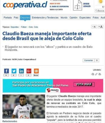 Veculos chilenos anunciam proposta do Atltico por volante Claudio Baeza, do Colo Colo