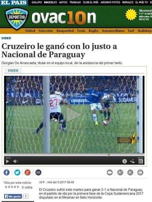 Ovacin (Uruguai): o meio de comunicao uruguaio informou que o Cruzeiro, 'com grande tradio copeira', sofreu para vencer o Nacional-PAR
