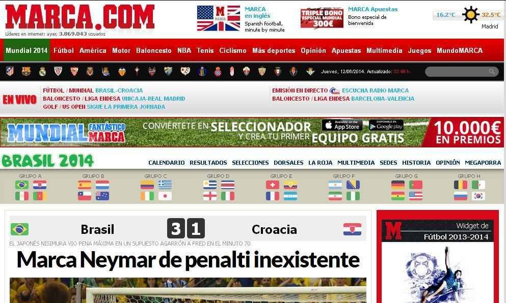 O espanhol Marca destaca o pnalti polmico sofrido pelo atacante Fred, que rendeu o gol da virada para o Brasil