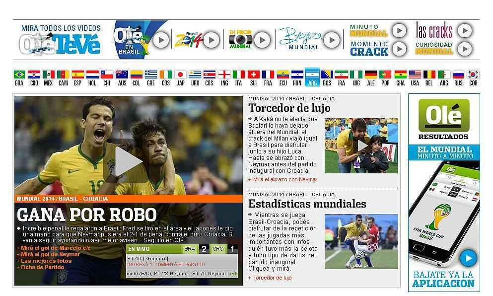 Como de costume, o argentino Ol polemizou. O jornal destacou o pnalti em Fred e cravou: 'roubo'