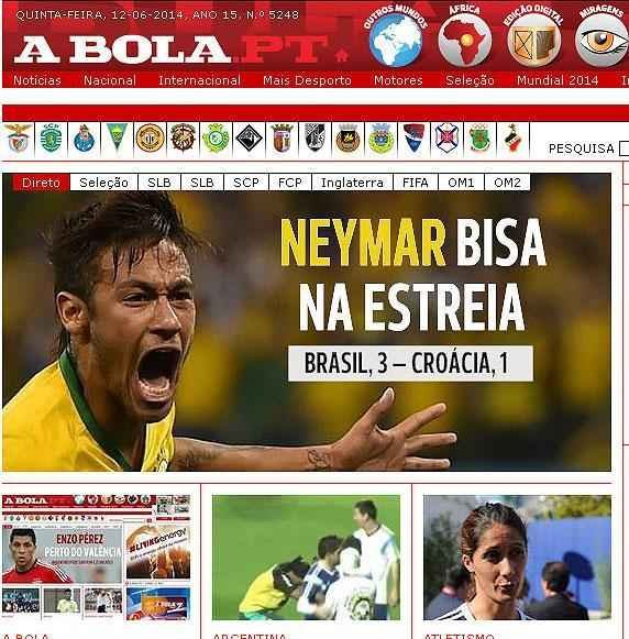 O portugus A Bola destacou o 'bis' de Neymar, autor de dois gols na vitria brasileira contra a Crocia