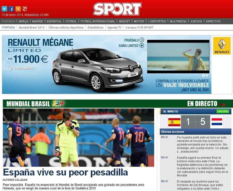 Jornal espanhol Sport: 'Espanha vive pior pesadelo'