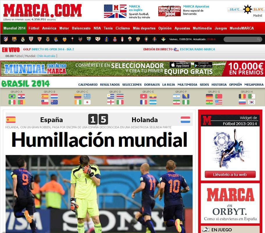 Jornal espanhol Marca destaca: 'Humilhao mundial'