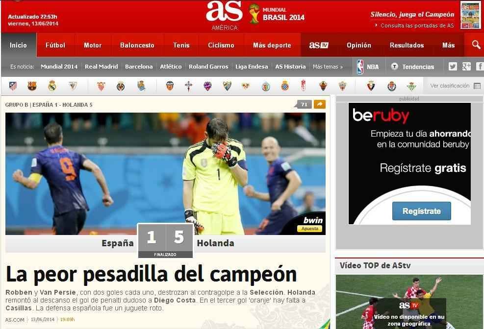 Jornal espanhol AS destaca: 'Pior pesadelo do campeo'