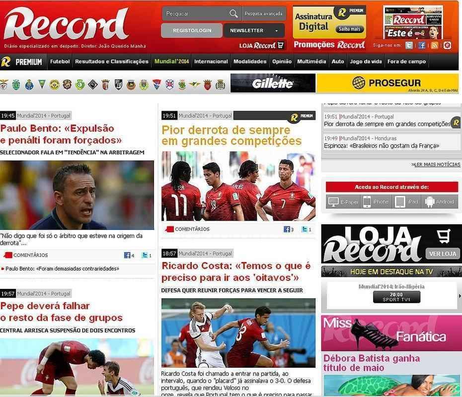 O portugu�s 'Record' destacou a 'pior derrota de todos os tempos em grandes competi��es'
