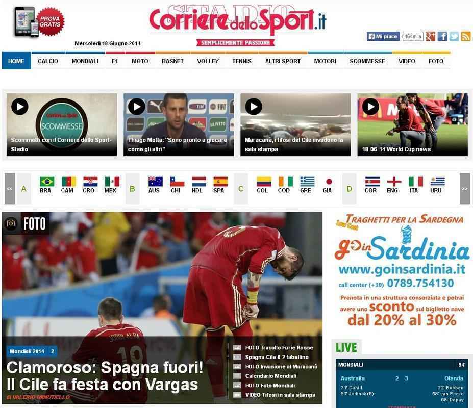 Jornal italiano Corriere dello Sport destaca eliminao espanhola com festa do atacante chileno Vargas