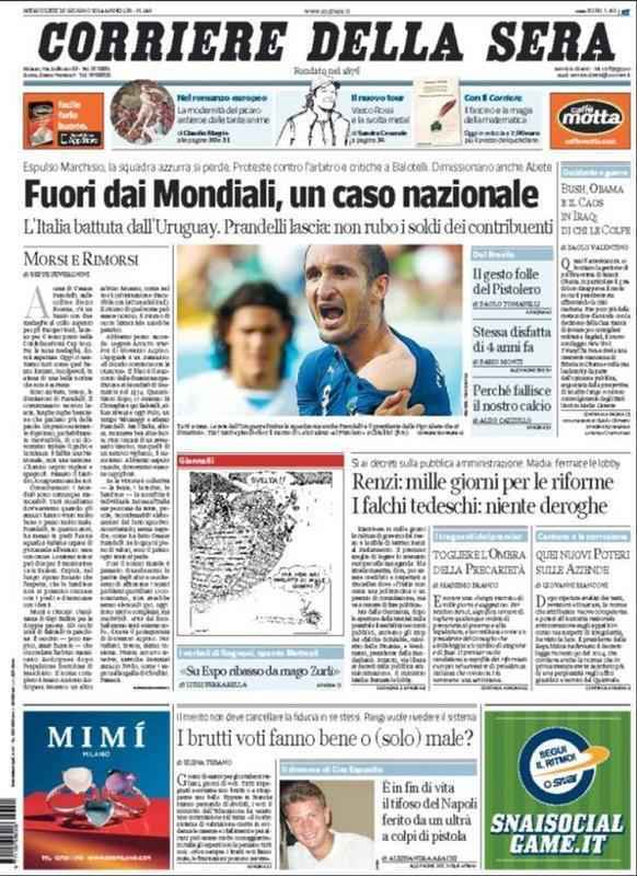 Um dos principais jornais da Itlia, Corriere Della Sera tambm estampou a mordida em Chiellini