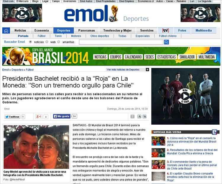 Emol: 'Presidenta Bachelet recebeu La 'Roja' en La Moneda: 'So um tremendo orgulho para o Chile''