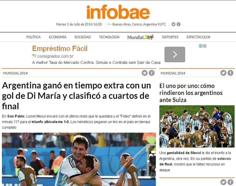 Clssico, o 'Infobae' descreveu o jogo e chamou a vitria informando o gol argentino na prorrogao e a classificao s quartas