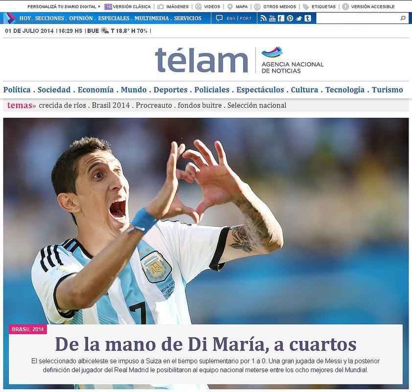 A agncia de notcias 'Telm' foi criativa e fez relao com o passado da Argentina para destacar a classificao: 'Da mo de Di Mara'