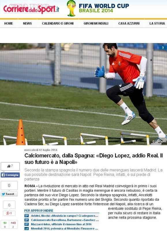 Corriere dello Sport, tambm da Itlia, noticia negociao do Napoli para contratar Diego Lpez, goleiro do Real Madrid