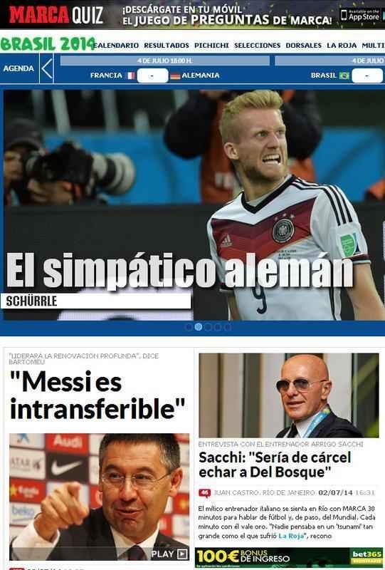 Marca, da Espanha, ainda d bastante espao para Copa do Mundo. Em destaque, Andre Schurrle, atuor do primeiro gol na vitria da Alemanha contra a Arglia