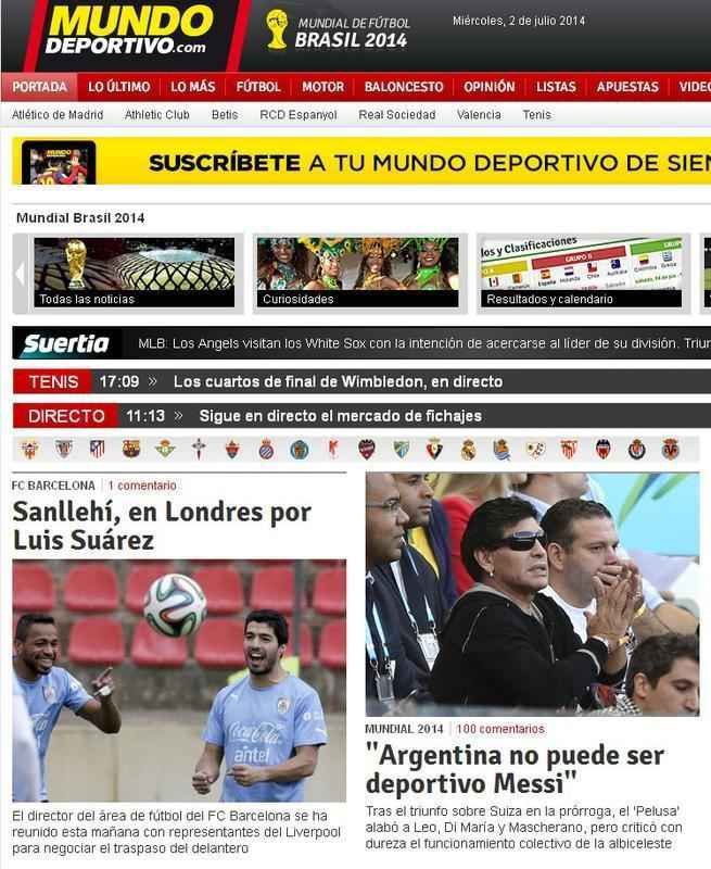 Mundo Deportivo, da Espanha, destaca negociaes do Barcelona por Surez e crtica de Maradona  Seleo Argentina pela dependncia de Lionel Messi