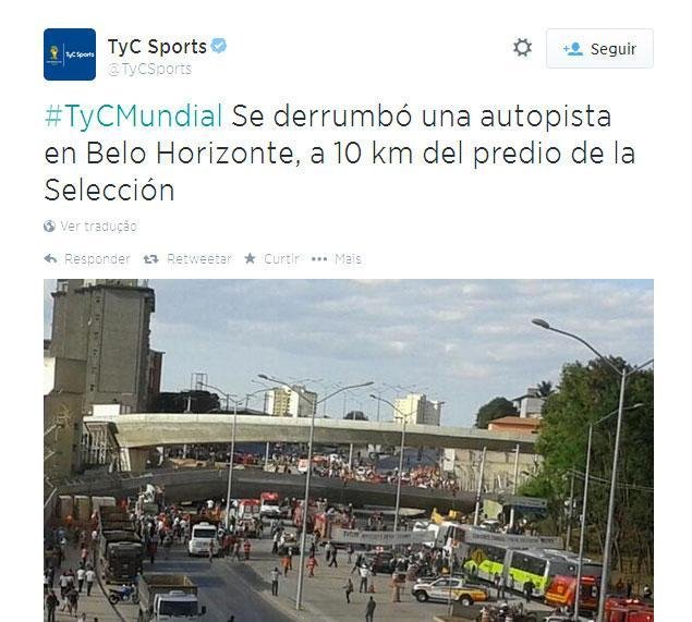 O canal de TV argentino 'TyC Sports' informou via Twitter a tragdia na Avenida Pedro I