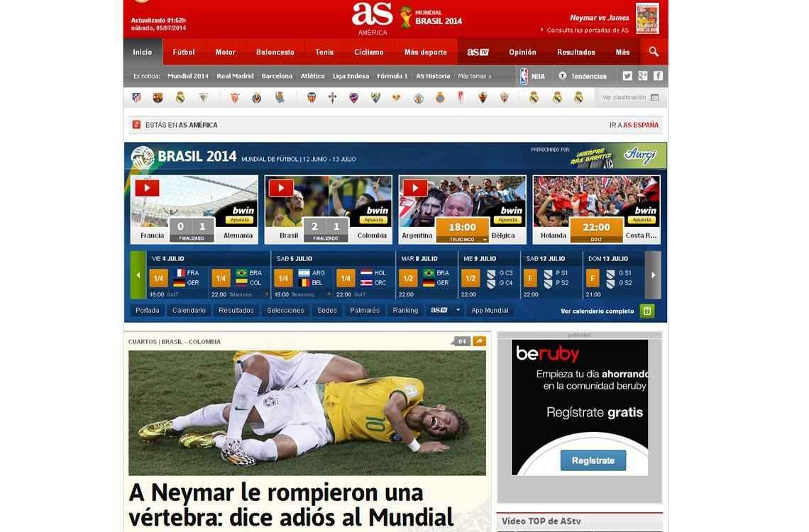 AS, da Espanha: 'Neymar disse adeus ao Mundial'