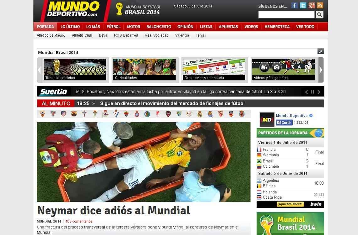 Mundo Deportivo, de Barcelona: 'Neymar disse adeus ao Mundial'