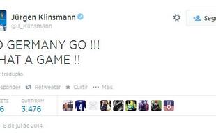 dolo da Seleo Alem e treinador dos Estados Unidos na Copa, Jrgen Klinsmann escreve: 'Vamos Alemanha, vamos! Que jogo!'