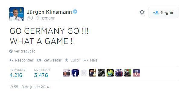 dolo da Seleo Alem e treinador dos Estados Unidos na Copa, Jrgen Klinsmann escreve: 'Vamos Alemanha, vamos! Que jogo!'