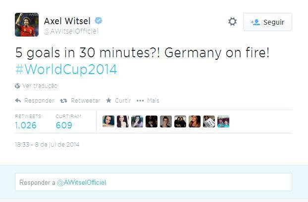 Axel Witsel, que tambm defendeu a Blgica na Copa: 'Cinco gols em 30 minutos? Alemanha 'em chamas'!'