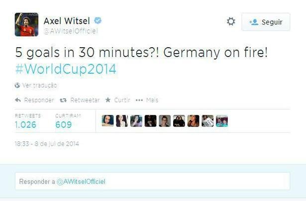 Axel Witsel, que também defendeu a Bélgica na Copa: 'Cinco gols em 30 minutos? Alemanha 'em chamas'!'
