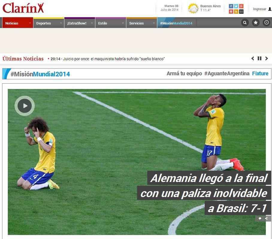 Clarn, da Argentina: 'Alemanha chegou  final com uma surra memorvel no Brasil'