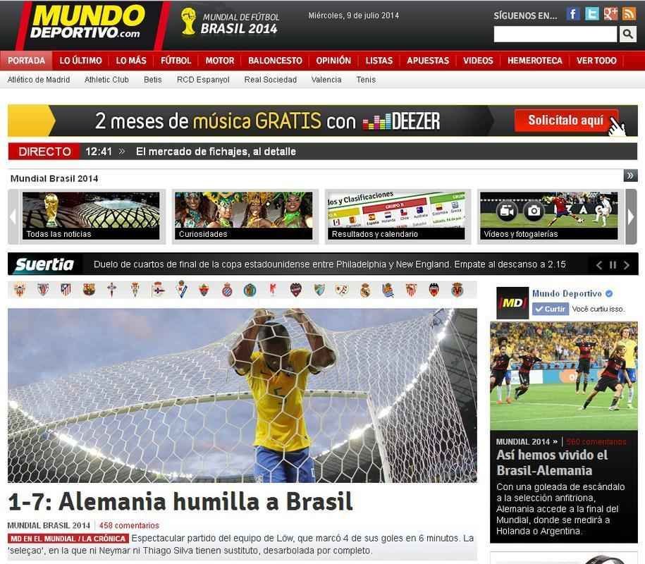 Mundo Deportivo, da Espanha: 'Alemanha humilha Brasil'
