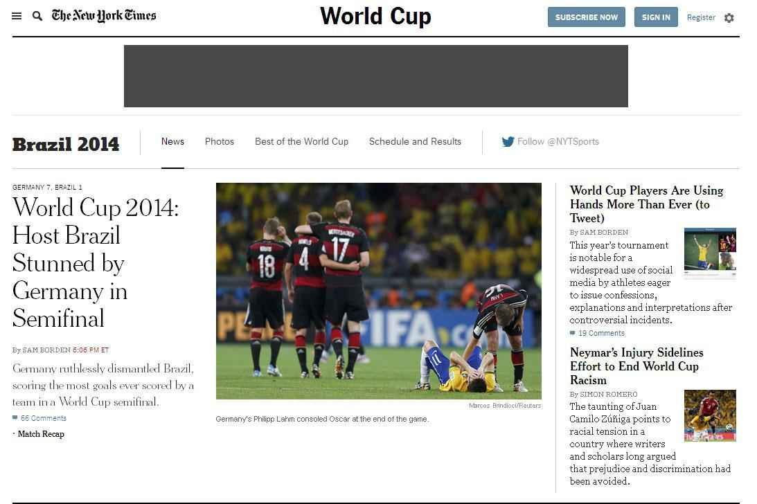 The Guardian, dos Estados Unidos: 'Anfitrio Brasil surpreendido pela Alemanha em semifinal'