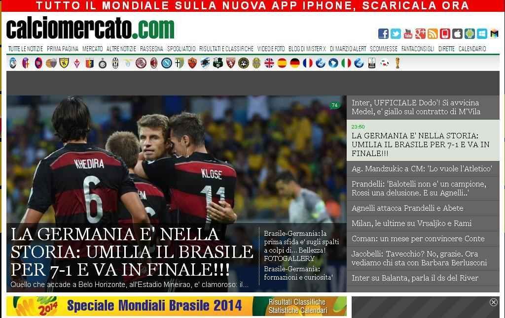 Calcio Mercato, da Itlia: 'Alemanha faz histria, humilha Brasil e vai  final'