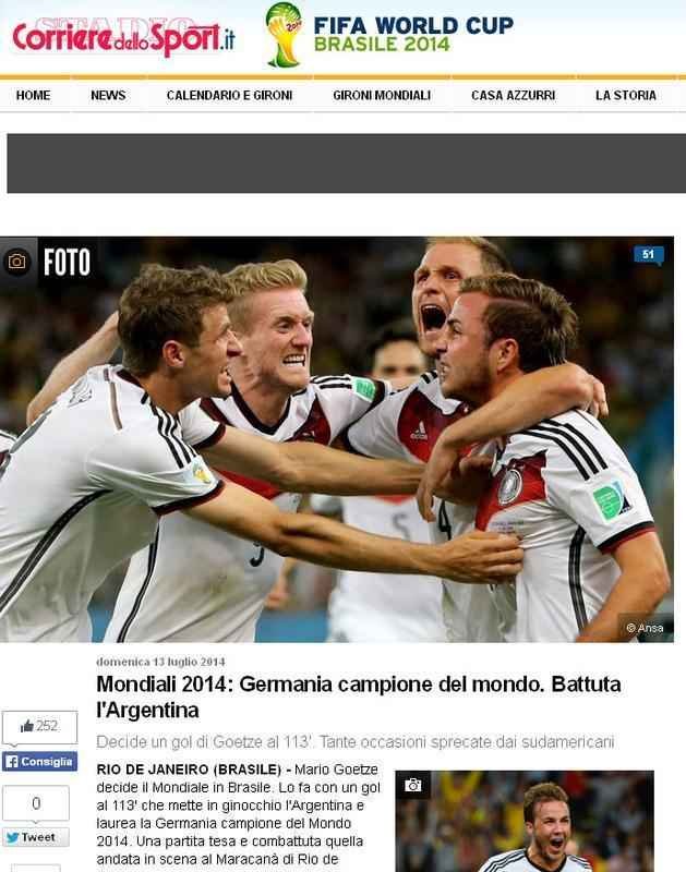Corriere dello Sport: 'Alemanha campe do mundo'