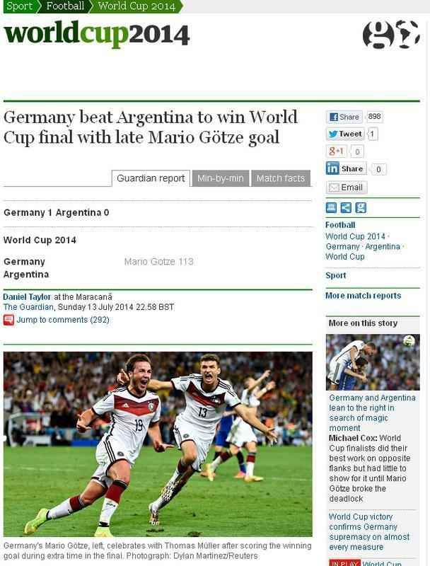 The Guardian: 'Alemanha bate a Argentina e vence a Copa do Mundo com gol de Mario Gzte'