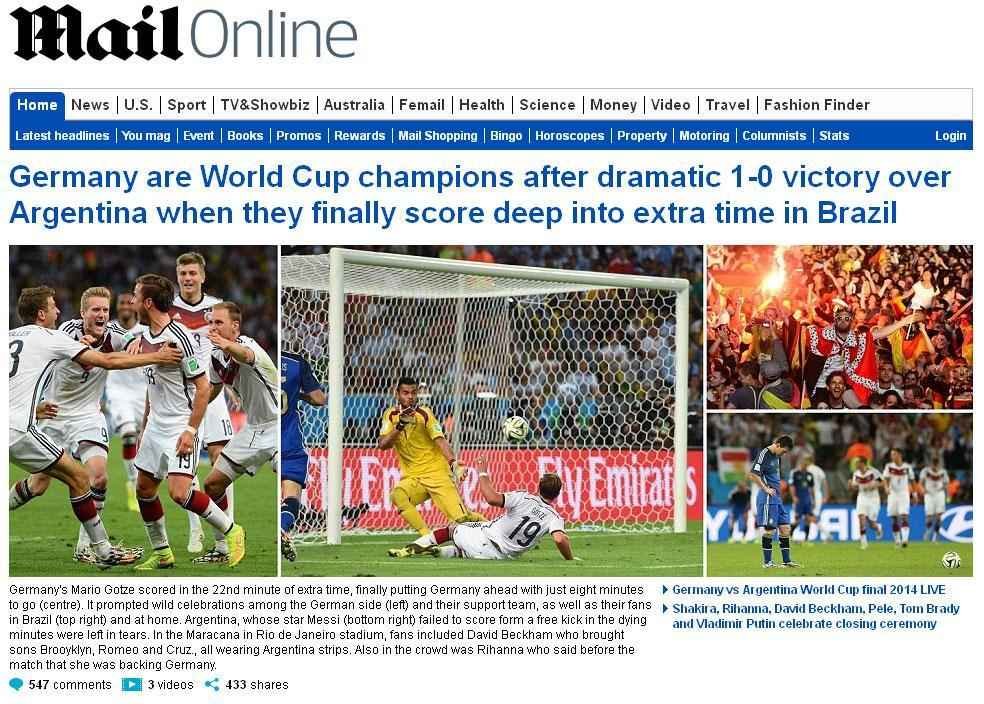 Mail Online: 'Alemanha  a campe do mundo ao vencer de forma dramtica a Argentina, por 1 a 0'